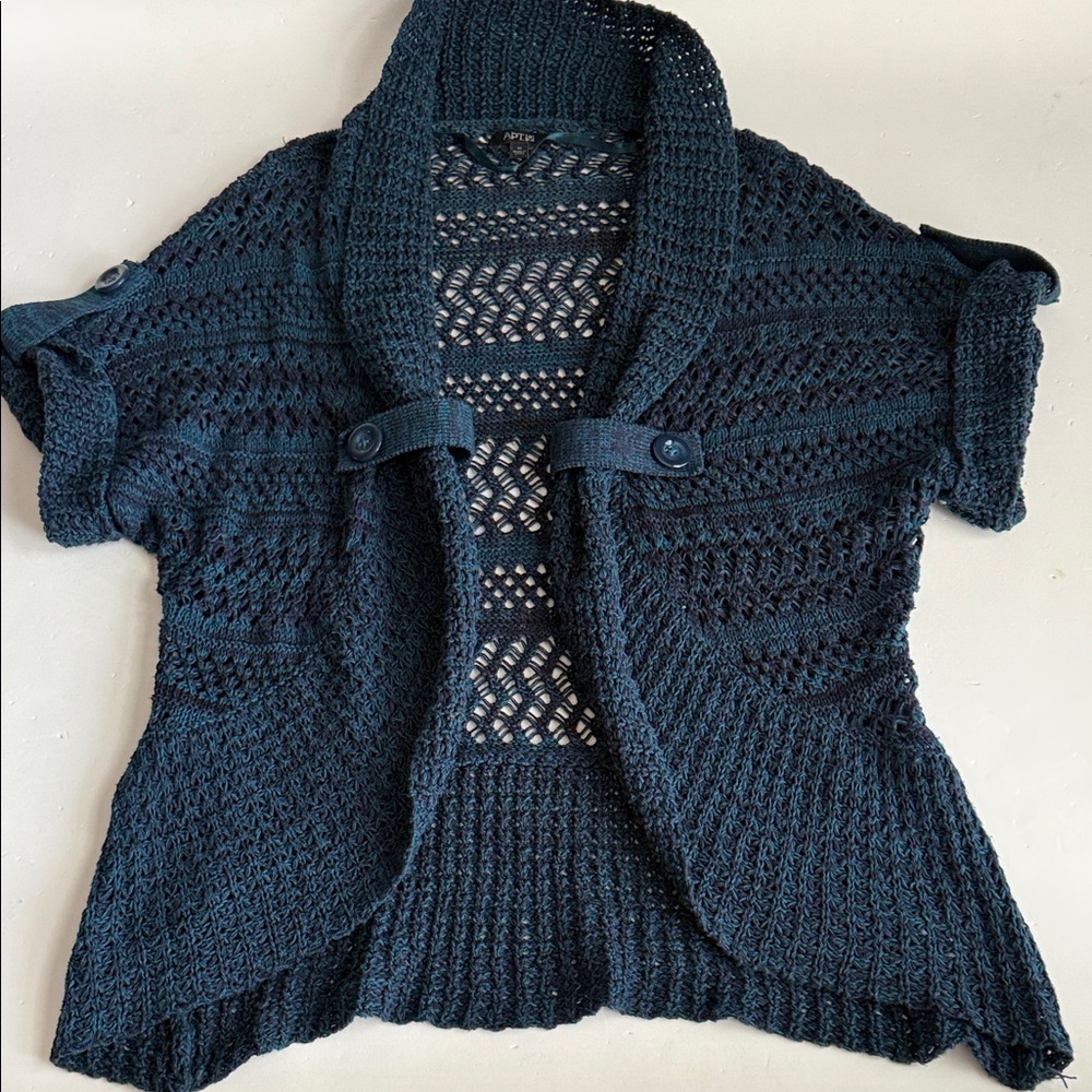 APT 9 Navy Open-Knit Short Sleeve Sweater Women’s Size Medium - Picture 5 of 11
